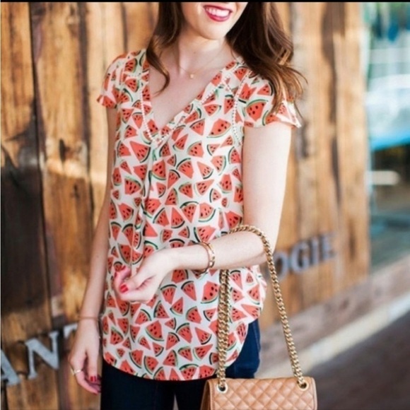Anthropologie Maeve Women’s Picnic Days Watermelon Blouse Top Size 6 Cap Sleeve - Picture 1 of 9
